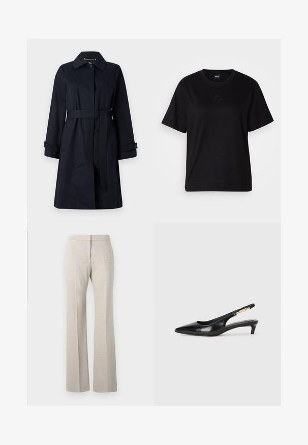 Mornarsko plavi kaput od glatke tkanine, s pojasom u struku, preklopnim džepovima i klasičnim ovratnikom s gumbima.; Crna pamučna majica s okruglim izrezom, kratkim rukavima i izvezenim logotipom na prsima. Jednostavan, opušten kroj bez uzorka.; Bež šire hlače od teksturirane tkanine, s ravnim prednjim dijelom, širokim nogavicama i bez vidljivih metalnih dijelova.; Crne kožne sandale s petom, s izduženim vrhom, imaju usku petu i zlatni akcent na podesivoj traci. Glatka tekstura.