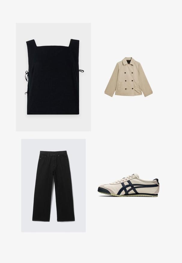 Beige double-breasted jacket made of cotton. Features large black buttons, a classic collar, and side pockets with a relaxed fit.; Black square-necked top made of soft fabric, featuring side ties for adjustable fit. Simple design with no additional patterns or accents.; Black wide-leg trousers made from denim, featuring a classic five-pocket design and a structured waistband with belt loops.; Light beige leather shoe with navy accents, low profile, rounded toe, and green rubber sole. Features lacing and textured toe cap.