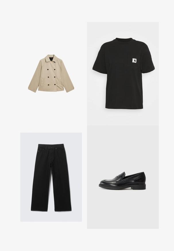 Beige Double-Breasted-Jacke aus Baumwolle. Mit großen schwarzen Knöpfen, einem klassischen Kragen und seitlichen Taschen im lässigen Schnitt.; Schwarzes Baumwoll-T-Shirt mit kurzen Ärmeln, Rundhalsausschnitt und einer Fronttasche, die ein quadratisches Logo in Weiß und Schwarz zeigt.; Schwarze weit geschnittene Jeanshose aus Denim, ausgestattet mit einem klassischen Fünf-Taschen-Design und einem strukturierten Taillenbund mit Gürtelschlaufen.; Schwarze Lederl loafers mit runder Zehenform, genähten Details und einem niedrigen Blockabsatz. Glatte Textur ohne sichtbare Muster oder Akzente.