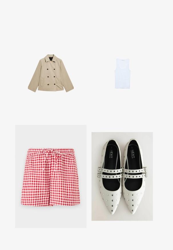 Giacca beige doppiopetto in cotone. Caratterizzata da grandi bottoni neri, un collare classico e tasche laterali con una vestibilità rilassata.; Canotta bianca in cotone, caratterizzata da un scollo rotondo e spalline larghe. Texture liscia, design senza maniche e silhouette aderente.; Bermuda a quadretti rossi e bianchi con vita elastica e cordino. Caratterizzata da una vestibilità comoda e orli rifiniti. Il tessuto sembra leggero.; Scarpe appiattite bianche in pelle con punta affusolata, dotate di borchie argentate e due cinturini con fibbia sulla parte superiore. Fodera interna nera.