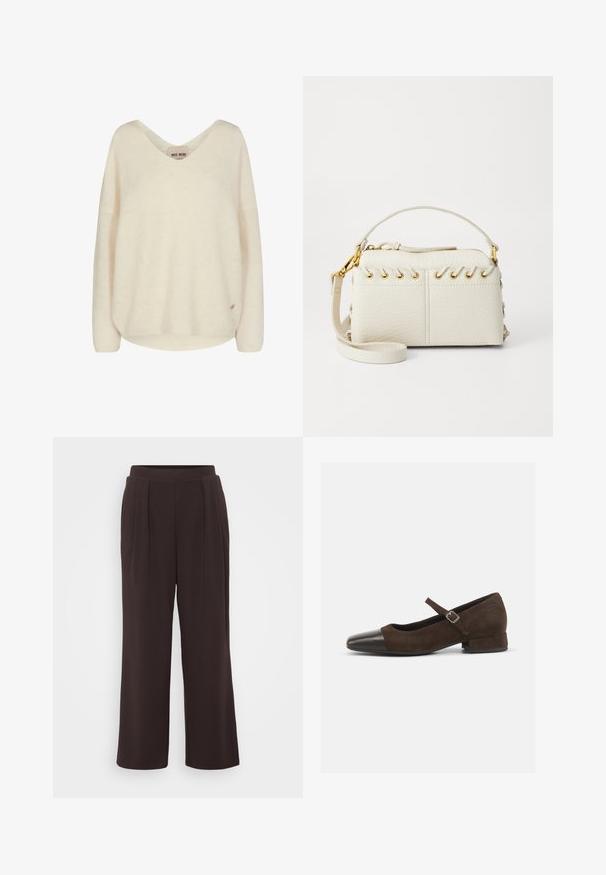 Light beige wool coat with a notched collar, long sleeves, two side pockets, and two black buttons down the front. Smooth texture.; Cream-colored knit sweater with a V-neck, dropped shoulders, and a relaxed fit. Features a soft texture and a small logo accent on the side.; White sleeveless bodysuit with a high neckline and a thong cut. Smooth texture and fitted silhouette designed for a form-fitting look.; Dark brown wide-leg trousers with pleats, crafted from smooth fabric. Features a solid color and elastic waistband for comfort.; Brown suede Mary Jane shoe with a black patent leather toe cap, adjustable strap, and a low block heel. Smooth texture with minimal accents.; White faux leather handbag featuring a top zipper, a short handle, and a removable crossbody strap with gold-tone hardware. Side lacing detail.; Silver hoop earring with a polished finish, featuring small gold accent details and a round shape, worn on the lobe.