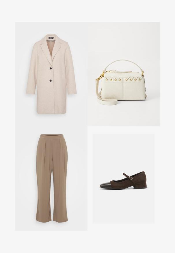 Palton din lână de culoare bej deschis, cu guler cu colți, mâneci lungi, două buzunare laterale și două nasturi negri în față. Textură netedă.; Body alb fără mâneci, cu guler înalt și tăietură tip thong. Textură netedă și siluetă ajustată, concepută pentru un aspect care se potrivește perfect.; Pantaloni maro, cu picioare largi, dintr-o țesătură moale, cu plii frontale și o talie elastică pentru confort. Design curat, minimalist.; Pantofii Mary Jane din suede maro cu vârf din piele patentă neagră, curea ajustabilă și tocul jos în formă de bloc. Textură netedă cu accente minime.; Geantă din piele vegană albă, cu fermoar superior, mână scurtă și un bretele removabilă pentru umăr, cu accesorii aurii. Detaliu cu șnur lateral.; Cercel din argint cu un finisaj polișat, având detalii mici din aur și o formă rotundă, purtat pe lobul urechii.