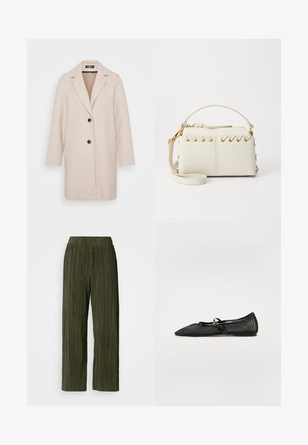 Svetlo bež volneni plašč z izrezanim ovratnikom, dolgimi rokavi, dvema stranskima žepoma in dvema črnima gumboma spredaj. Gladka tekstura.; Bela bezrokavna body majica z visokim ovratnikom in tangastim izrezom. Gladka tekstura in prilegajoča silhueta, zasnovana za tesno prileganje.; Olivno zelene plisirane hlače širokega kroja, z elastičnim pasom in vertikalno teksturo po celotni tkanini.; Črne ravne čevlje z izgorelim nosom, mrežastim zgornjim delom in poudarjenimi usnjeni detajli. Imajo tanek trak z okroglo kovinsko podrobnostjo.; Bela torbica iz umetnega usnja z zgornjim zadrgo, kratkim ročajem in odstranljivim naramnim trakom z zlatimi detajli. Stranske vezave.; Srebrna obročasta uhana s polirano površino, ki vključuje majhne zlate poudarke in okroglo obliko, nošena na ušesnem lobu.