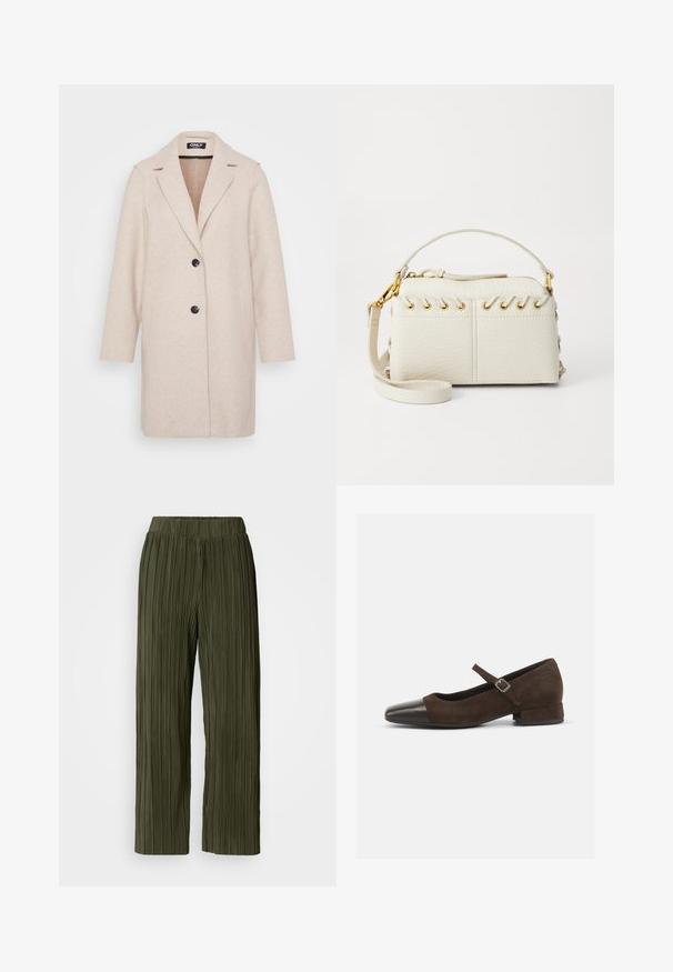Svetlo bež volneni plašč z izrezanim ovratnikom, dolgimi rokavi, dvema stranskima žepoma in dvema črnima gumboma spredaj. Gladka tekstura.; Bela bezrokavna body majica z visokim ovratnikom in tangastim izrezom. Gladka tekstura in prilegajoča silhueta, zasnovana za tesno prileganje.; Olivno zelene plisirane hlače širokega kroja, z elastičnim pasom in vertikalno teksturo po celotni tkanini.; Rjava semiš Mary Jane čevlja s črnimi patentiranimi usnjenimi konicami, nastavljivim trakom in nizko blok peto. Gladka tekstura z minimalnimi akcenti.; Bela torbica iz umetnega usnja z zgornjim zadrgo, kratkim ročajem in odstranljivim naramnim trakom z zlatimi detajli. Stranske vezave.; Srebrna obročasta uhana s polirano površino, ki vključuje majhne zlate poudarke in okroglo obliko, nošena na ušesnem lobu.