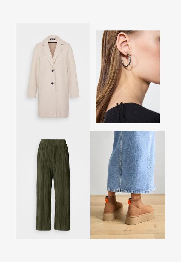Lichtbeige wollen jas met een reverskraag, lange mouwen, twee zijzakken en twee zwarte knopen aan de voorkant. Fijne textuur.; Even&Odd Petite 2 PACK - Top - light grey/black; Olijfgroene geplooide broek met een brede pijpdesign, voorzien van een elastische tailleband en verticale textuur over de gehele stof.; Bruine suède platformlaarzen met elastische zijkanten en oranje trekbandjes, gecombineerd met een lichtdenim rok tot de knie op een houten vloer.; Zilveren oorbel met een gepolijste afwerking, met kleine gouden accentdetails en een ronde vorm, gedragen op de oorlel.