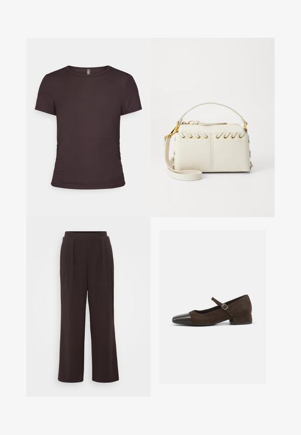 Hellbeige Wollmantel mit Reverskragen, langen Ärmeln, zwei Seitentaschen und zwei schwarzen Knöpfen vorne. Glatte Textur.; Braunes T-Shirt mit kurzen Ärmeln aus geripptem Stoff, runder Halslinie und figurbetontem Schnitt, mit dezenten seitlichen Raffungen.; Dunkelbraune weit geschnittene Hose mit Falten, aus glattem Stoff gefertigt. Verfügt über eine einfarbige Gestaltung und einen elastischen Bund für zusätzlichen Komfort.; Braune Wildleder-Mary-Jane-Schuhe mit einer schwarzen Lackleder-Zehenspitze, verstellbarem Riemen und einem niedrigen Blockabsatz. Glatte Textur mit minimalen Akzenten.; Weiße Kunstlederhandtasche mit einem oberen Reißverschluss, einem kurzen Griff und einem abnehmbaren Schultergurt mit goldfarbener Hardware. Seitliche Schnürdetails.; Silberne Creolen mit polierter Oberfläche, die kleine goldene Akzentdetails und eine runde Form aufweisen, am Ohrläppchen getragen.
