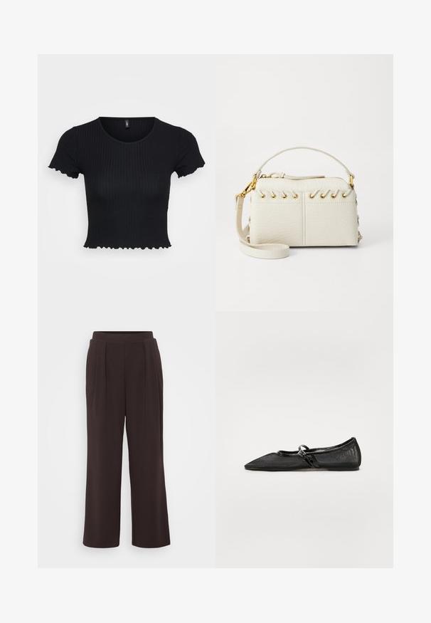Világos bézs gyapjú kabát, bemetszett gallérral, hosszú ujjakkal, két oldalsó zsebbel és két fekete gombbal az elején. Sima textúra.; Fekete bordázott crop top, rövidujjú, hullámos széllel, kerek nyakkivágás, textúrált anyag, feszes fazon.; Sötétbarna, bő szabású nadrág pliszékkal, sima anyagból készítve. Egyszínű és rugalmas derékrésszel a kényelem érdekében.; Fekete lapos cipő hegyes orral, hálós felsőrésszel és lakkbőr részletekkel. Finom pánttal rendelkezik, kerek fém díszítéssel.; Fehér műbőr kézi táska, felső cipzárral, rövid fogantyúval és levehető keresztpántos vállpánttal, arany színű fémrészletekkel. Oldalsó fűzés részlet.; Ez egy ezüst fülbevaló, sima felülettel, amelyen apró arany díszítőelemek találhatók. Kerek formájú és a fülcimpán viselik.