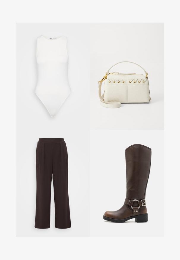 Palton din lână de culoare bej deschis, cu guler cu colți, mâneci lungi, două buzunare laterale și două nasturi negri în față. Textură netedă.; Body alb fără mâneci, cu guler înalt și tăietură tip thong. Textură netedă și siluetă ajustată, concepută pentru un aspect care se potrivește perfect.; Pantaloni largi de culoare maro închis, cu plisuri, confecționați dintr-un material neted. Au o culoare uniformă și o talie elastică pentru confort.; Botă din piele maro, până la genunchi, cu un accent de metal rotund și cataramă. Partea superioară ușor texturată, toc stratificat și design cu vârf rotund.; Geantă din piele vegană albă, cu fermoar superior, mână scurtă și un bretele removabilă pentru umăr, cu accesorii aurii. Detaliu cu șnur lateral.; Cercel din argint cu un finisaj polișat, având detalii mici din aur și o formă rotundă, purtat pe lobul urechii.
