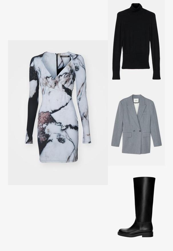 Šedý, strihaný blejzer vyrobený z textúrovaného materiálu. Obsahuje dvojradové zapínanie, klopy a dve predné vrecká.; AERON TENDER LONG SLEEVED - Svetrík - black; Dlhé rukávy šaty s mramorovým vzorom v bielej, čiernej a náznakoch ružovej, s priliehajúcou siluetou a hlbokým výstrihom do V.; Čierne kožené čižmy po kolená s hladkou textúrou, okrúhlou špičkou, nenápadným dizajnom a nízkym blokovým podpätkom. Žiadne viditeľné kovanie ani vzory.