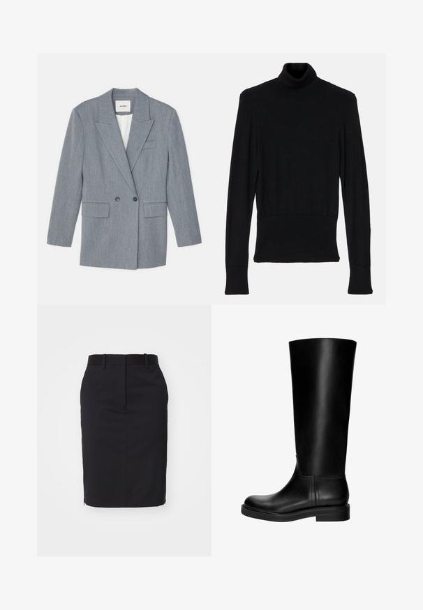 Sacou gri, ajustat, realizat dintr-un material texturat. Dispune de un design cu două rânduri de nasturi, rever cu colțuri și două buzunare frontale.; AERON TENDER LONG SLEEVED - Pulover - black; Fustă neagră tip creion cu un design ajustat, fabricată dintr-un material neted. Prezintă un tiv la talie și o deschidere la spate pentru ușurința mișcării.; Botine negre din piele, până la genunchi, cu o textură netedă, vârf rotunjit, design discret și toc mic.