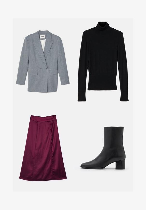 Szürke, szabott zakó, amely textúrált anyagból készült. Jellemzői a dupla soros gombolás, az álló hajtókák és két elülső zseb.; AERON TENDER LONG SLEEVED - Pulóver - black; Burgundi szatén A-vonalú szoknya sima textúrával, enyhe fényességgel, magas derékrésszel és hátsó cipzáras záródással.; Fekete bőr bokacsizma hegyes orral és vastag, négyzet alakú sarokkal. Simább felület, mondanivaló nélküli dizájn és minimalista varrás.