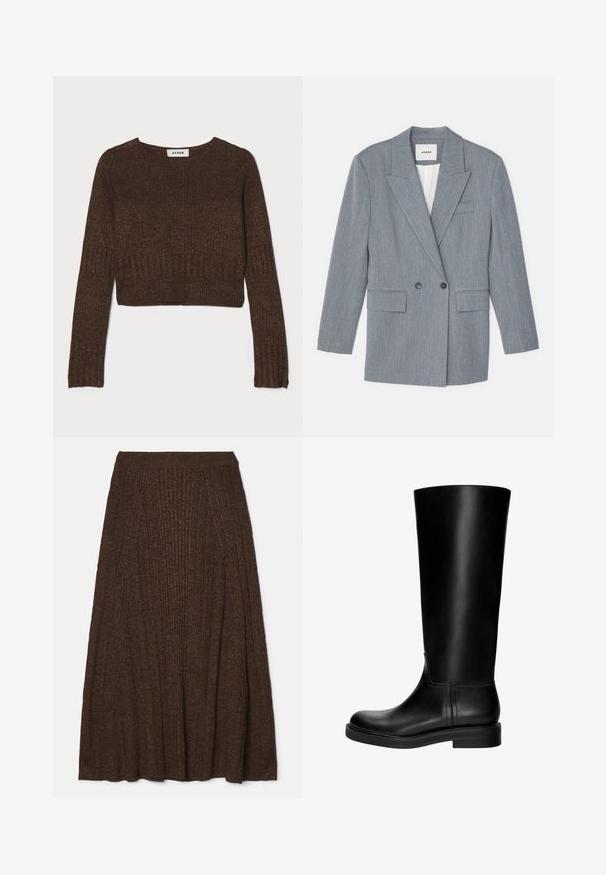Grau, taillierter Blazer aus einem strukturierten Stoff. Verfügt über ein doppelt gängiges Design, geschlitzte Revers und zwei Vorder Taschen.; Brauner gerippter, kurzer Pullover mit rundem Ausschnitt und langen Ärmeln. Aus einem strukturierten Strickstoff gefertigt. Das Etikett trägt die Aufschrift "AERON."; Brauner, gerippter Midirock mit strukturiertem Finish, ausgestattet mit einem taillierten Bündchen und einer plissierten Gestaltung für Volumen und Bewegung.; Schwarze Leder-Kniefallstiefel mit glatter Textur, abgerundetem Zeh, schlichter Gestaltung und niedrigem Blockabsatz. Keine sichtbare Hardware oder Muster.