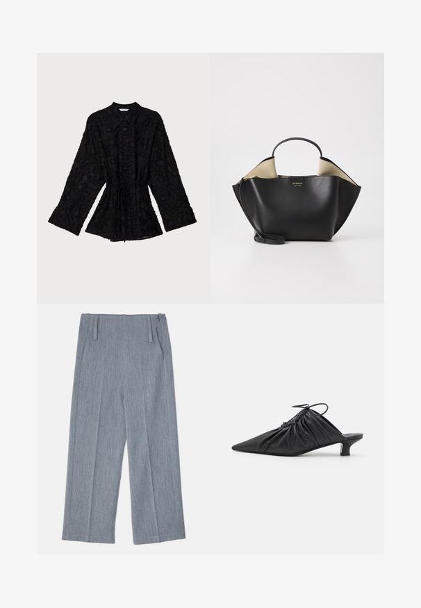 Blazer gris, entallado y hecho de una tela texturizada. Presenta un diseño de doble botonadura, solapas con muesca y dos bolsillos frontales.; Holzweiler JENNA - Blusa - black; Pantalones de pierna ancha en gris claro, hechos de una tela texturizada, que presentan dos pliegues frontales y dos bolsillos laterales. Diseño limpio y a medida.; Mules negros de cuero sin hebillas con punta afilada, textura recogida y un pequeño tacón de gato. Presentan un detalle de cordón en la abertura.; Ree Projects ANN TOTE MINI - Bolso de mano - black
