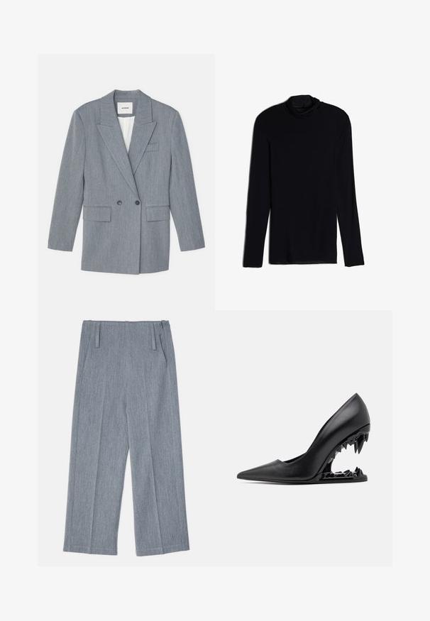 Grau, taillierter Blazer aus einem strukturierten Stoff. Verfügt über ein doppelt gängiges Design, geschlitzte Revers und zwei Vorder Taschen.; Schwarzes Langarmoberteil mit einem Kragen, gefertigt aus einem weichen, glatten Stoff; taillierte Passform mit geradem Saum und ohne sichtbare Nähte.; Hellgraue, weit geschnittene Hosen aus strukturiertem Stoff, mit zwei vorderen Falten und zwei Seitentaschen. Sauberes, maßgeschneidertes Design.; GCDS MORSO - High Heel Pumps - nero