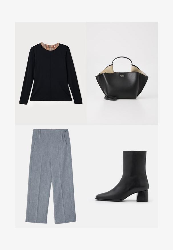 Blazer grigio su misura realizzato in un tessuto testurizzato. Presenta un design doppiopetto, rever a punta e due tasche frontali.; Top lungo nero a maniche lunghe con scollatura rotonda, caratterizzato da un accento multicolore a righe sul colletto. Tessuto liscio con una vestibilità comoda.; Pantaloni larghi grigio chiaro realizzati in tessuto testurizzato, con due pieghe frontali e due tasche laterali. Design pulito e sartoriale.; Stivali ankle in pelle nera con punta affusolata e tacco quadrato grosso. Texture liscia con un design senza cuciture e cuciture minimaliste.; Ree Projects ANN TOTE MINI - Borsa a mano - black