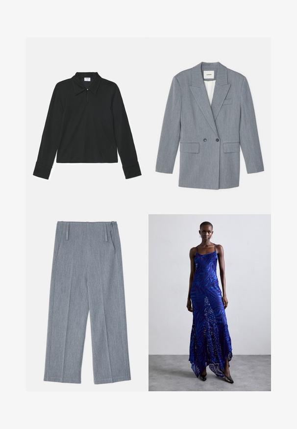 Blazer grigio su misura realizzato in un tessuto testurizzato. Presenta un design doppiopetto, rever a punta e due tasche frontali.; Polo shirt nera a maniche lunghe caratterizzata da colletto a risvolto, un bottone al collo e polsini aderenti. Tessuto morbido con una texture liscia.; Pantaloni larghi grigio chiaro realizzati in tessuto testurizzato, con due pieghe frontali e due tasche laterali. Design pulito e sartoriale.; Abito maxi con stampa animale blu e viola, con spalline sottili, corpetto aderente, orlo svasato e dettagli in overlay trasparente.
