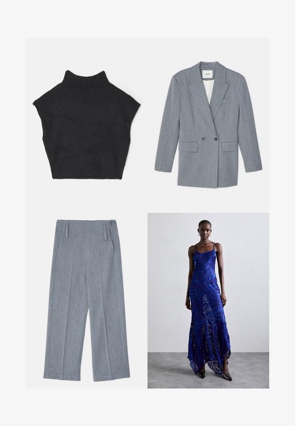 Grau, taillierter Blazer aus einem strukturierten Stoff. Verfügt über ein doppelt gängiges Design, geschlitzte Revers und zwei Vorder Taschen.; Schwarzer, gerippter, ärmelloser Rollkragenpullover mit hohem Kragen. Er hat ein kurzes Design und eine weiche Textur.; Hellgraue, weit geschnittene Hosen aus strukturiertem Stoff, mit zwei vorderen Falten und zwei Seitentaschen. Sauberes, maßgeschneidertes Design.; Maxikleid im blauen und lila Tiermuster mit dünnen Trägern, einem taillierten Oberteil, ausgestelltem Saum und transparenten Überlagerungen.