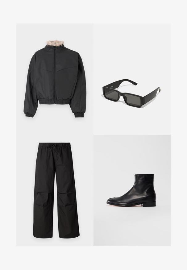 Mustat bombereita, joissa on vetoketjusuljenta ja kevyt tekokarvaläppä. Varustettu joustavilla hihansuilla ja helmalla, sileällä pinnalla ja rakenteellisella muotoilulla.; Kuusi valkoista lyhythihaista puuvillapaitaa, joissa on pyöreät pääntiet, aseteltuna riviin. Paitojen pinta on sileä eikä niissä ole näkyviä kuvioita.; Mustat leveälahkeiset housut kevyestä kankaasta, joissa on joustava vyötärö ja naru, sekä polvitaskudetaljit.; Musta sileä nahkasaapas nilkkamittaisella matalalla korolla ja pyöreällä varvalla, esitetty sivulta valkoista taustaa vasten.; Musta aurinkolasit suorakulmaisine linsseineen, matasta muovista valmistettu kehys ja suorat reunat. Sisähaara on varustettu merkkilogolla.