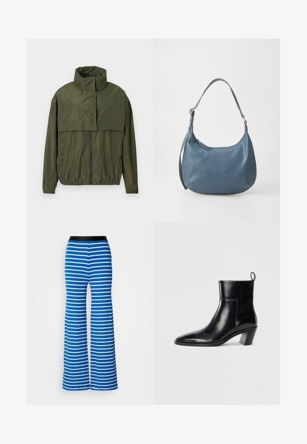 Olive green windbreaker jacket with high collar, front zip closure, elastic cuffs, and waist, featuring a layered design and smooth texture.; White V-neck knitted top with short sleeves and a relaxed fit. Smooth texture with a minimalist design and no visible embellishments.; Blue and white striped flared pants with a black elastic waistband. Features a smooth texture and even horizontal stripes throughout.; Black leather ankle boot with a pointed toe, a geometric stacked heel, and a pull tab at the back. Smooth texture and sleek design.; Blue leather handbag with a rounded shape, single shoulder strap, zip closure, and embossed brand name on the front. Smooth texture.
