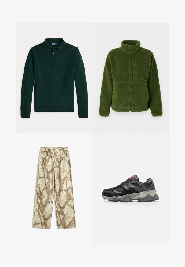 Grön fleecejacka med hel dragkedja och hög krage, dragkedjeförsedd bröstficka, långa ärmar och mjukt texturerat tyg.; Mörkgrön långärmad pikétröja med ribbstickade muddar och fåll, tvåknappsknäppning och krage, utlagd på en vit bakgrund.; Byxor i lätt tyg i en ljusgrön nyans, med ett mönster av bruna grenar, vid bendesign och två framfickor.; Svarta och grå sneakers med en kombination av mocka och mesh-material, tjock sula, framträdande logotyp och röd accent på tungan.