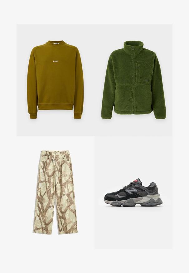 Groene fleecejack met volle rits, hoge kraag, ritszak op de borst, lange mouwen en zachte textuur.; Olijfgroen sweatshirt met lange mouwen, ronde hals en een klein wit "MSGM" logo in het midden van de borst.; Broek van lichtgewicht stof in een lichtgroene tint, met een bruin takpatroon, wijd model en twee voorzakken.; Zwarte en grijze sneaker met een mix van suede en mesh materialen, dikke zool, opvallend logo en een rode accent op de tong.