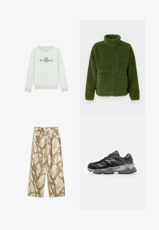 Grüne Fleecejacke mit durchgehendem Reißverschluss, hohem Kragen, Reißverschlusstasche auf der Brust, langen Ärmeln und weichem, strukturiertem Stoff.; Scalpers ATELIER - Sweatshirt - light mint; Hosen aus leichtem Stoff in einem hellgrünen Farbton, mit einem Muster von braunen Zweigen, weit geschnitten und mit zwei vorderen Taschen.; Schwarzer und grauer Sneaker mit einer Kombination aus Wildleder und Mesh-Materialien, dicker Sohle, ausgeprägtem Logo und roten Akzenten an der Zunge.