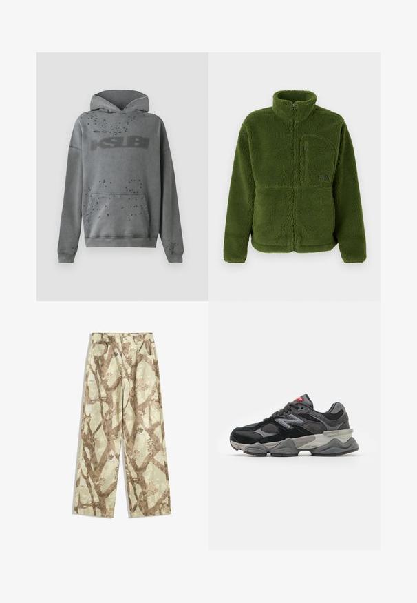 Zelená fleecová bunda s plným zipem, vysokým límcem, zipovou náprsní kapsou, dlouhými rukávy a měkkou texturovanou tkaninou.; Šedá mikina s kapucí a předním kapsou, s tónovým logem a rozptýlenými opotřebovanými detaily. Měkká tkanina s volným střihem a stahovací kapucí.; Kalhoty z lehkého materiálu v světlé zelené barvě, s hnědým vzorem větví, širokým střihem a dvěma předními kapsami.; Černé a šedé sneakersy se směsí semišových a síťovaných materiálů, silnou podrážkou, výrazným logem a červeným akcentem na jazyku.