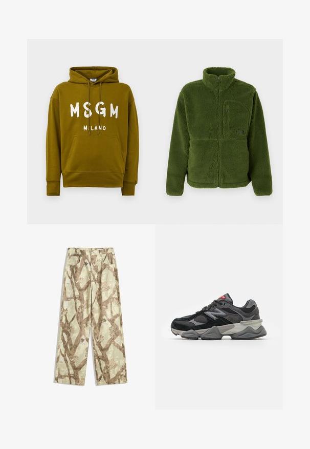 Vihreä täyspitkä vetoketjullinen fleece-takki, jossa on korkea kaulus, vetoketjullinen rintapocket, pitkät hihat ja pehmeä teksturoitu kangas.; Hoodie oliivivärinen, jossa eespool on valkoiset "MSGM MILANO" -tekstit, etupussukka ja säädettävä huppu.; Housut kevyestä kankaasta vaaleanvihreässä sävyssä, joissa on ruskeita puun oksia kuvaava kuvio, leveät lahkeet ja kaksi etutaskua.; Mustat ja harmaat lenkkarit, joissa on yhdistelmä mokkaa ja verkkomateriaaleja, paksu pohja, hallitseva logo ja punaisia yksityiskohtia kielekkeessä.
