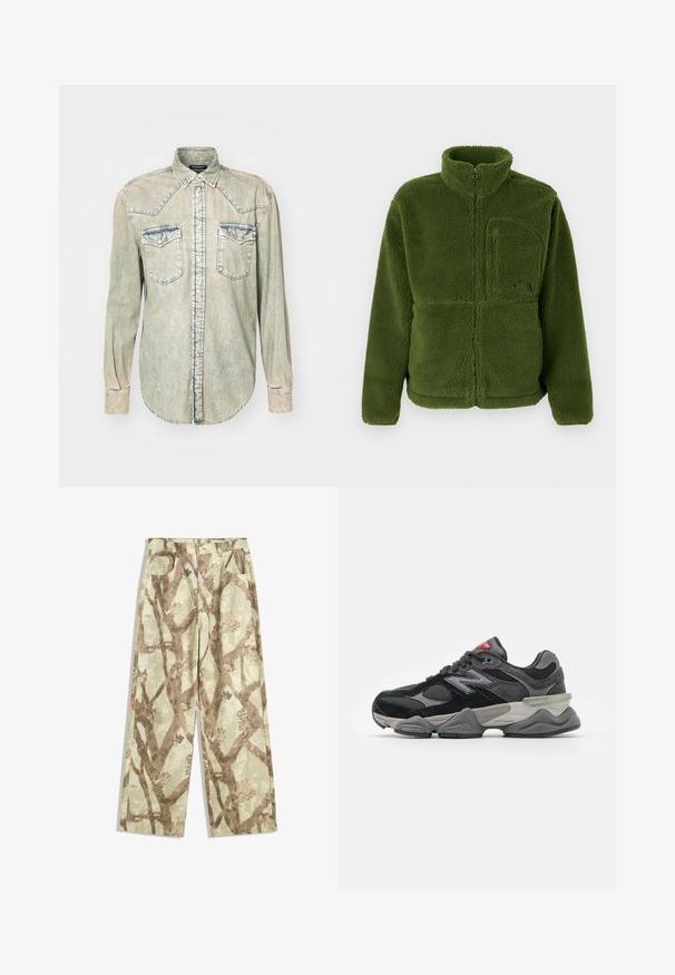 Groene fleecejack met volle rits, hoge kraag, ritszak op de borst, lange mouwen en zachte textuur.; Lichtgekleurde denim blouse met lange mouwen, puntige kraag, twee borstzakken en contrasterende stiksels langs de naden en randen.; Langsleeve shirt in gedempt groen met een textuurpatroon, ronde halslijn en raglanmouwen, gemaakt van zachte, lichte stof.; Broek van lichtgewicht stof in een lichtgroene tint, met een bruin takpatroon, wijd model en twee voorzakken.; Zwarte en grijze sneaker met een mix van suede en mesh materialen, dikke zool, opvallend logo en een rode accent op de tong.
