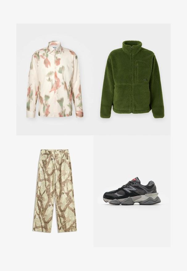 Zielona polarowa kurtka na zamek błyskawiczny z wysokim kołnierzem, kieszenią na suwak na piersiach, długimi rękawami i miękkim, teksturowanym materiałem.; NN.07 FREDDY piaskowy; Koszula z długimi rękawami w stonowanym zielonym kolorze z teksturowanym wzorem, okrągłym dekoltem i rękawami raglanowymi, wykonana z miękkiego, lekkiego materiału.; Spodnie wykonane z lekkiego materiału w jasnym zielonym odcieniu, zdobione brązowym wzorem gałęzi drzewa, w szerokim kroju oraz z dwiema przednimi kieszeniami.; Czarno-szare sneakersy z połączeniem materiałów zamszowych i siateczkowych, gruba podeszwa, wyraźne logo oraz czerwony akcent na języku.