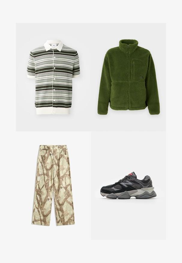 Grüne Fleecejacke mit durchgehendem Reißverschluss, hohem Kragen, Reißverschlusstasche auf der Brust, langen Ärmeln und weichem, strukturiertem Stoff.; Kurzärmliges gestricktes Poloshirt in Weiß, Grün und Braun gestreift. Mit Kragen, Knopfverschluss und geripptem Saum sowie Ärmeln.; Langärmliges Shirt in gedämpftem Grün mit strukturiertem Muster, rundem Ausschnitt und Raglanärmeln, aus weichem, leichtem Stoff gefertigt.; Hosen aus leichtem Stoff in einem hellgrünen Farbton, mit einem Muster von braunen Zweigen, weit geschnitten und mit zwei vorderen Taschen.; Schwarzer und grauer Sneaker mit einer Kombination aus Wildleder und Mesh-Materialien, dicker Sohle, ausgeprägtem Logo und roten Akzenten an der Zunge.