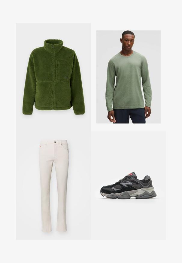 Grön fleecejacka med hel dragkedja och hög krage, dragkedjeförsedd bröstficka, långa ärmar och mjukt texturerat tyg.; Långärmad skjorta i dämpad grön med ett strukturerat mönster, rund halsringning och raglanärmar, tillverkad av mjukt, lättviktsmaterial.; Beige raka jeans tillverkade av bomullsmaterial. Har en traditionell femficksdesign och metalldragkedja i midjan.; Svarta och grå sneakers med en kombination av mocka och mesh-material, tjock sula, framträdande logotyp och röd accent på tungan.