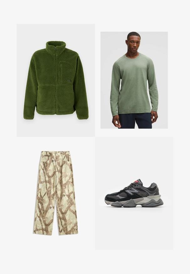 Zielona polarowa kurtka na zamek błyskawiczny z wysokim kołnierzem, kieszenią na suwak na piersiach, długimi rękawami i miękkim, teksturowanym materiałem.; Koszula z długimi rękawami w stonowanym zielonym kolorze z teksturowanym wzorem, okrągłym dekoltem i rękawami raglanowymi, wykonana z miękkiego, lekkiego materiału.; Spodnie wykonane z lekkiego materiału w jasnym zielonym odcieniu, zdobione brązowym wzorem gałęzi drzewa, w szerokim kroju oraz z dwiema przednimi kieszeniami.; Czarno-szare sneakersy z połączeniem materiałów zamszowych i siateczkowych, gruba podeszwa, wyraźne logo oraz czerwony akcent na języku.