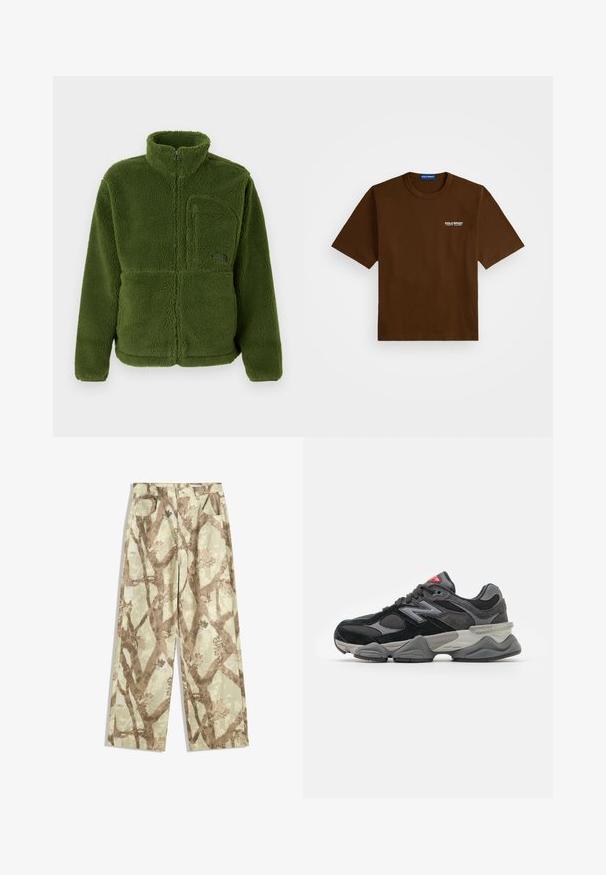 Zelena flis jakna z dolgim zipom in visokim ovratnikom, z žepom na zadrgo na prsih, dolgimi rokavi in mehkim teksturiranim materialom.; Brahk srajc s kratkimi rokavi s belim logotipom "Polo Sport Ralph Lauren" na levem prsnem delu in modro etiketo znotraj ovratnika.; Hlače iz lahkega blaga v svetlo zeleni barvi, z vzorcem rjavih drevesnih vej, širokega kroja in z dvema sprednjima žepoma.; Črne in sivo športne copate z mešanico semiša in mrežastih materialov, debele podplate, izrazit logotip in rdeč poudarek na ježku.