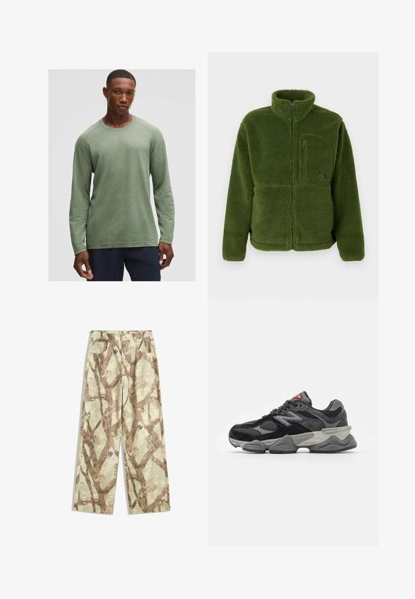 Zielona polarowa kurtka na zamek błyskawiczny z wysokim kołnierzem, kieszenią na suwak na piersiach, długimi rękawami i miękkim, teksturowanym materiałem.; Koszula z długimi rękawami w stonowanym zielonym kolorze z teksturowanym wzorem, okrągłym dekoltem i rękawami raglanowymi, wykonana z miękkiego, lekkiego materiału.; Spodnie wykonane z lekkiego materiału w jasnym zielonym odcieniu, zdobione brązowym wzorem gałęzi drzewa, w szerokim kroju oraz z dwiema przednimi kieszeniami.; Czarno-szare sneakersy z połączeniem materiałów zamszowych i siateczkowych, gruba podeszwa, wyraźne logo oraz czerwony akcent na języku.