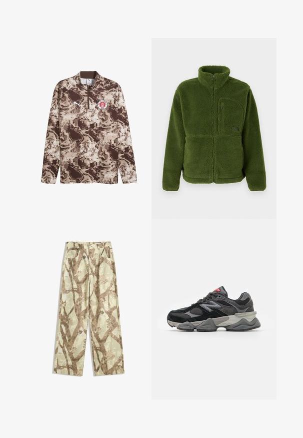 Giacca in pile verde con zip completa, colletto alto, tasca sul petto con zip, maniche lunghe e tessuto morbido e testurizzato.; Pullover a maniche lunghe marrone e beige con collo a zip, motivo a camouflage testurizzato, logo Puma bianco ed emblema del FC St. Pauli al petto.; Pantaloni realizzati in un tessuto leggero di colore verde chiaro, con un motivo a rami di albero marroni, design a gamba larga e due tasche frontali.; Sneaker nera e grigia con un mix di materiali in suede e mesh, suola spessa, logo prominente e accento rosso sulla linguetta.