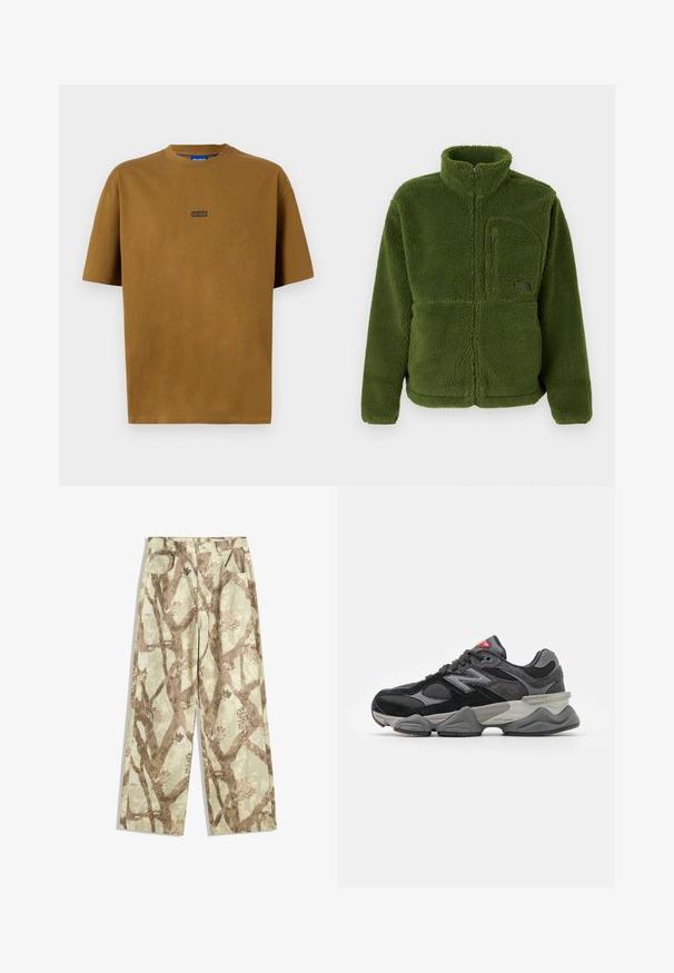 Grøn fuld-zip fleecejakke med høj krave, lynlåslomme på brystet, lange ærmer og blødt struktureret stof.; Brun, kortærmet T-shirt med rund hals lavet af bomuld. Har et lille sort logo-patch med teksten "HUGO" på forsiden.; Bukser lavet af letvægtsstof i en lys grøn nuance, prydet med et brunt grene mønster, bred ben design, og to frontlommer.; Sort og grå sneakers med en kombination af ruskind og mesh-materialer, tyk sål, fremtrædende logo og rød accent på tungen.