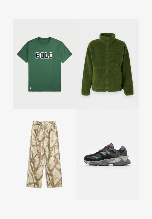 Zelená fleece bunda na zips s vysokým golierom, zipsovou náprsní kapsou, dlhými rukávmi a príjemnou textúrovanou látkou.; Zelené bavlnené tričko s veľkým logom "POLO" v bielej a námorníckej modrej farbe. Krátke rukávy, okrúhly výstrih a malý detail loga na leme.; Nohavice vyrobené z ľahkej tkaniny v svetlozelenej farbe, so vzorom hnedých vetiev, širokým strihom a dvoma prednými vreckami.; Čierne a šedé tenisky s kombináciou semišu a sieťoviny, hrubou podrážkou, výrazným logom a červeným akcentom na jazyku.