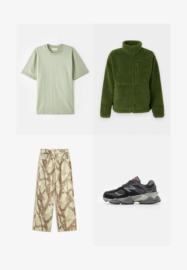 Zelená fleecová bunda s plným zipem, vysokým límcem, zipovou náprsní kapsou, dlouhými rukávy a měkkou texturovanou tkaninou.; Světle zelené bavlněné tričko s krátkým rukávem, kulatým výstřihem a malým bílým logem na hrudi. Měkká textura, volný střih a minimalistický design.; Kalhoty z lehkého materiálu v světlé zelené barvě, s hnědým vzorem větví, širokým střihem a dvěma předními kapsami.; Černé a šedé sneakersy se směsí semišových a síťovaných materiálů, silnou podrážkou, výrazným logem a červeným akcentem na jazyku.