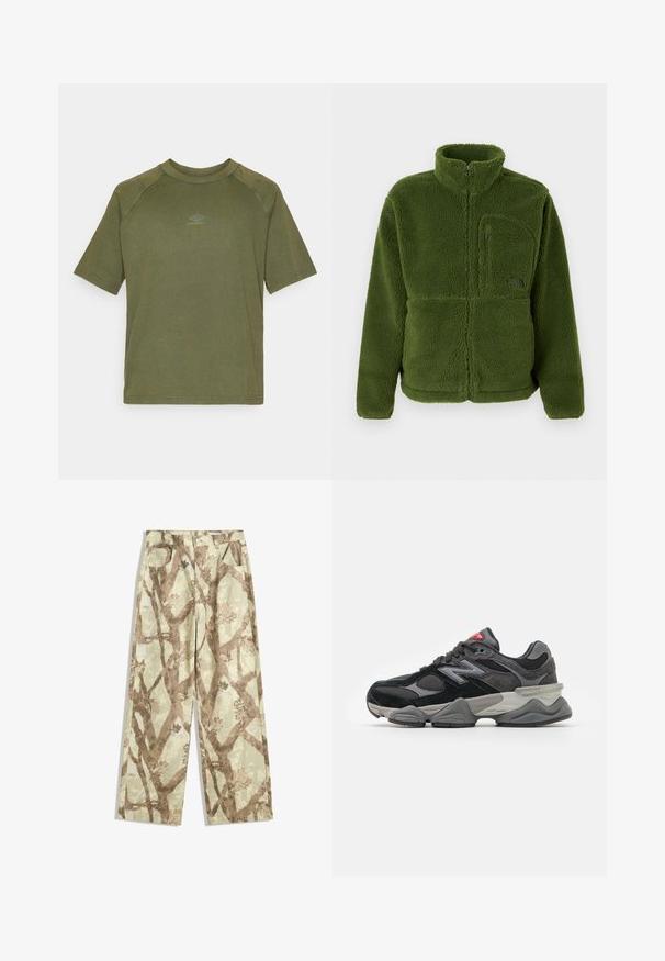 Vihreä täyspitkä vetoketjullinen fleece-takki, jossa on korkea kaulus, vetoketjullinen rintapocket, pitkät hihat ja pehmeä teksturoitu kangas.; Oliivivihreä lyhythihainen t-paita, joka on valmistettu puuvillasta. Paidassa on pyöreä kaula-aukko ja pieni harmaa logo rintakehällä. Sileä pinta.; Housut kevyestä kankaasta vaaleanvihreässä sävyssä, joissa on ruskeita puun oksia kuvaava kuvio, leveät lahkeet ja kaksi etutaskua.; Mustat ja harmaat lenkkarit, joissa on yhdistelmä mokkaa ja verkkomateriaaleja, paksu pohja, hallitseva logo ja punaisia yksityiskohtia kielekkeessä.