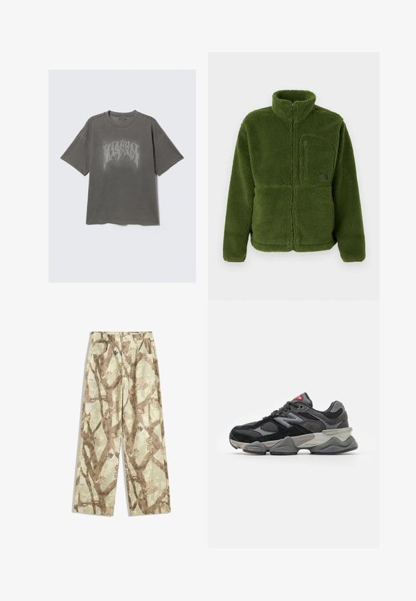 Green full-zip fleece jacket with high collar, zippered chest pocket, long sleeves, and soft textured fabric.; Gray oversized t-shirt made of cotton, featuring a large, distressed graphic print in black. Subtle stitching details on shoulders.; Pants made of lightweight fabric in a light green shade, featuring a brown tree branch pattern, wide-leg design, and two front pockets.; Black and gray sneaker with a mix of suede and mesh materials, thick sole, prominent logo, and red accent on the tongue.