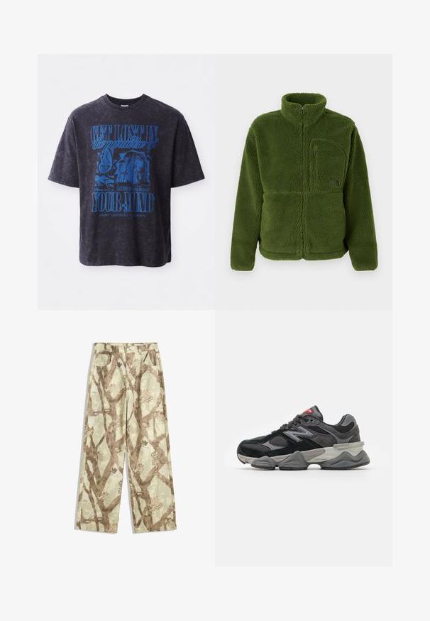 Zelená fleecová bunda s plným zipem, vysokým límcem, zipovou náprsní kapsou, dlouhými rukávy a měkkou texturovanou tkaninou.; Černé oversized bavlněné tričko s modrým grafickým textem a obrázky, včetně motýla a stylizované tváře, se sepraným vzhledem.; Kalhoty z lehkého materiálu v světlé zelené barvě, s hnědým vzorem větví, širokým střihem a dvěma předními kapsami.; Černé a šedé sneakersy se směsí semišových a síťovaných materiálů, silnou podrážkou, výrazným logem a červeným akcentem na jazyku.