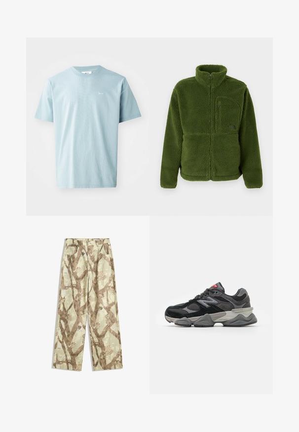Zelena flis jakna z dolgim zipom in visokim ovratnikom, z žepom na zadrgo na prsih, dolgimi rokavi in mehkim teksturiranim materialom.; Svetlo modra bombažna majica s kratkimi rokavi, okroglo ovratnikom in majhnim belim logotipom spredaj. Gladka tekstura, sproščen dizajn.; Hlače iz lahkega blaga v svetlo zeleni barvi, z vzorcem rjavih drevesnih vej, širokega kroja in z dvema sprednjima žepoma.; Črne in sivo športne copate z mešanico semiša in mrežastih materialov, debele podplate, izrazit logotip in rdeč poudarek na ježku.