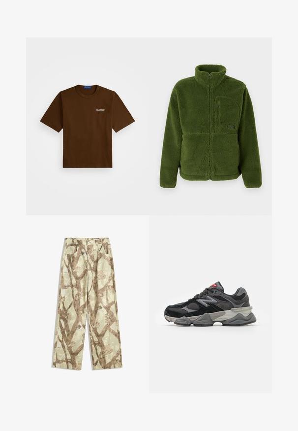 Zielona polarowa kurtka na zamek błyskawiczny z wysokim kołnierzem, kieszenią na suwak na piersiach, długimi rękawami i miękkim, teksturowanym materiałem.; Brązowa koszulka z krótkim rękawem z białym logo "Polo Sport Ralph Lauren" na lewej piersi oraz niebieską metką wewnątrz kołnierza.; Spodnie wykonane z lekkiego materiału w jasnym zielonym odcieniu, zdobione brązowym wzorem gałęzi drzewa, w szerokim kroju oraz z dwiema przednimi kieszeniami.; Czarno-szare sneakersy z połączeniem materiałów zamszowych i siateczkowych, gruba podeszwa, wyraźne logo oraz czerwony akcent na języku.
