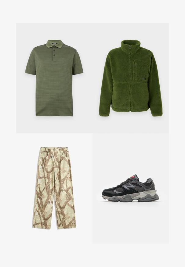 Grön fleecejacka med hel dragkedja och hög krage, dragkedjeförsedd bröstficka, långa ärmar och mjukt texturerat tyg.; Kortärmad olivgrön polo skjorta med texturerad tyg och tre mörka knappar vid knäppningen, platt krage och rak fåll.; Byxor i lätt tyg i en ljusgrön nyans, med ett mönster av bruna grenar, vid bendesign och två framfickor.; Svarta och grå sneakers med en kombination av mocka och mesh-material, tjock sula, framträdande logotyp och röd accent på tungan.