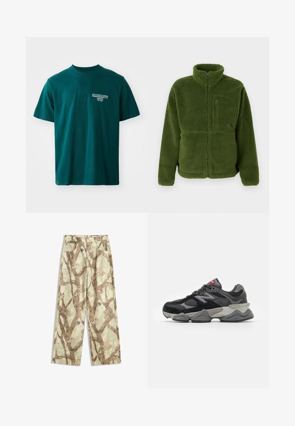 Grøn fuld-zip fleecejakke med høj krave, lynlåslomme på brystet, lange ærmer og blødt struktureret stof.; Teal bomulds T-shirt med korte ærmer og rund hals. Inkluderer hvidt "Carhartt WIP" logo på venstre bryst. Simpelt design, lige snit.; Bukser lavet af letvægtsstof i en lys grøn nuance, prydet med et brunt grene mønster, bred ben design, og to frontlommer.; Sort og grå sneakers med en kombination af ruskind og mesh-materialer, tyk sål, fremtrædende logo og rød accent på tungen.