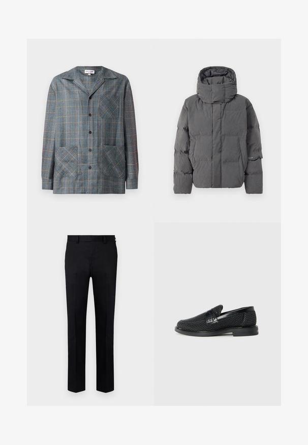 Gray insulated puffer jacket with a high collar and hood. Features a quilted design and side pockets. Smooth texture with a matte finish.; Plaid jacket in blue, gray, and orange. Made of fabric with a smooth texture. Features a collar, front buttons, and two large patch pockets.; Black trousers made of smooth fabric, featuring a straight-leg design, front crease, and belt loops at the waist. No visible patterns or accents.; Black woven slip-on shoe with a smooth leather accent on the upper, a round toe design, and a low-profile rubber sole.