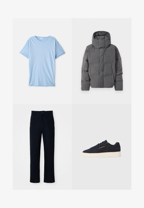 Pelēks izolēts pūkains jaka ar augstu apkakli un kapuci. Iespējams, ar quilted dizainu un sānu kabatām. Gluda tekstūra ar matētu apdari.; Gaiši zils īsās piedurknes T-krekls ar apaļu kakla izgriezumu, novietots uz balta fona.; Kokvilnas tumši zilas bikses ar taisnu kāju dizainu, priekšējo pogu aizdari un klasisku jostasvietu ar jostas cilpiņām.; Navy zila zamšas zema augstuma kedas ar baltu zoli, navy krāsas auklām un "Filling Pieces" logo zeltā sānos.