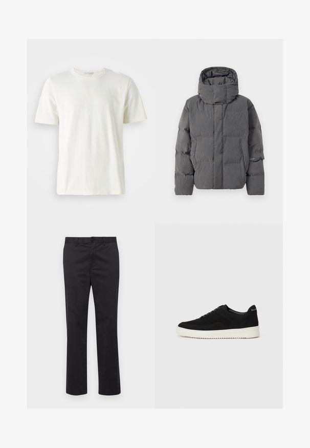 Hallikas isoleeritud tunkesärk kõrge kaeluse ja kapuutsiga. Omab tikkimist ja külje taskuid. Sile tekstuur ja mati viimistlusega.; Hele kooreline puuvillane T-särk ümmarguse kaelusega ja lühikeste varrukatega. Sujuv tekstuur, lihtne disain ja mugav lõige. Ilma mustrite või aktsentideta.; Mustadest puuvillast püksid sirge jala disainiga, millel on nööbiklõps ja vöökohaga silmad. Sile tekstuur, ilma nähtavate mustrite või aktsentideta.; Mustad suede jooksujalatsid, millel on paelad ja kontrastne valge kummitald. Omab tekstuuriga külgpaneele ja tagasihoidlikku brändimist kandadel.