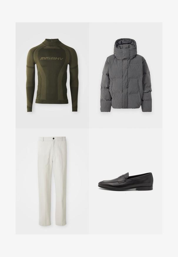 Casaco acolchoado cinza com isolamento, gola alta e capuz. Apresenta um design matelassado e bolsos laterais. Textura suave com um acabamento mate.; Camisa térmica de mangas longas em verde-oliva com um design ajustado, apresentando um pescoço alto e uma textura listrada contrastante. Nome da marca "MISBHV" exibido em destaque.; Calças beige de perna reta com passantes para cinto, botão frontal e fecho de zip, exibidas de forma plana sobre um fundo branco.; Sapatilha masculina em couro preto, com salto baixo e um design clássico com tira de moeda, apresentada em perfil lateral sobre um fundo branco.